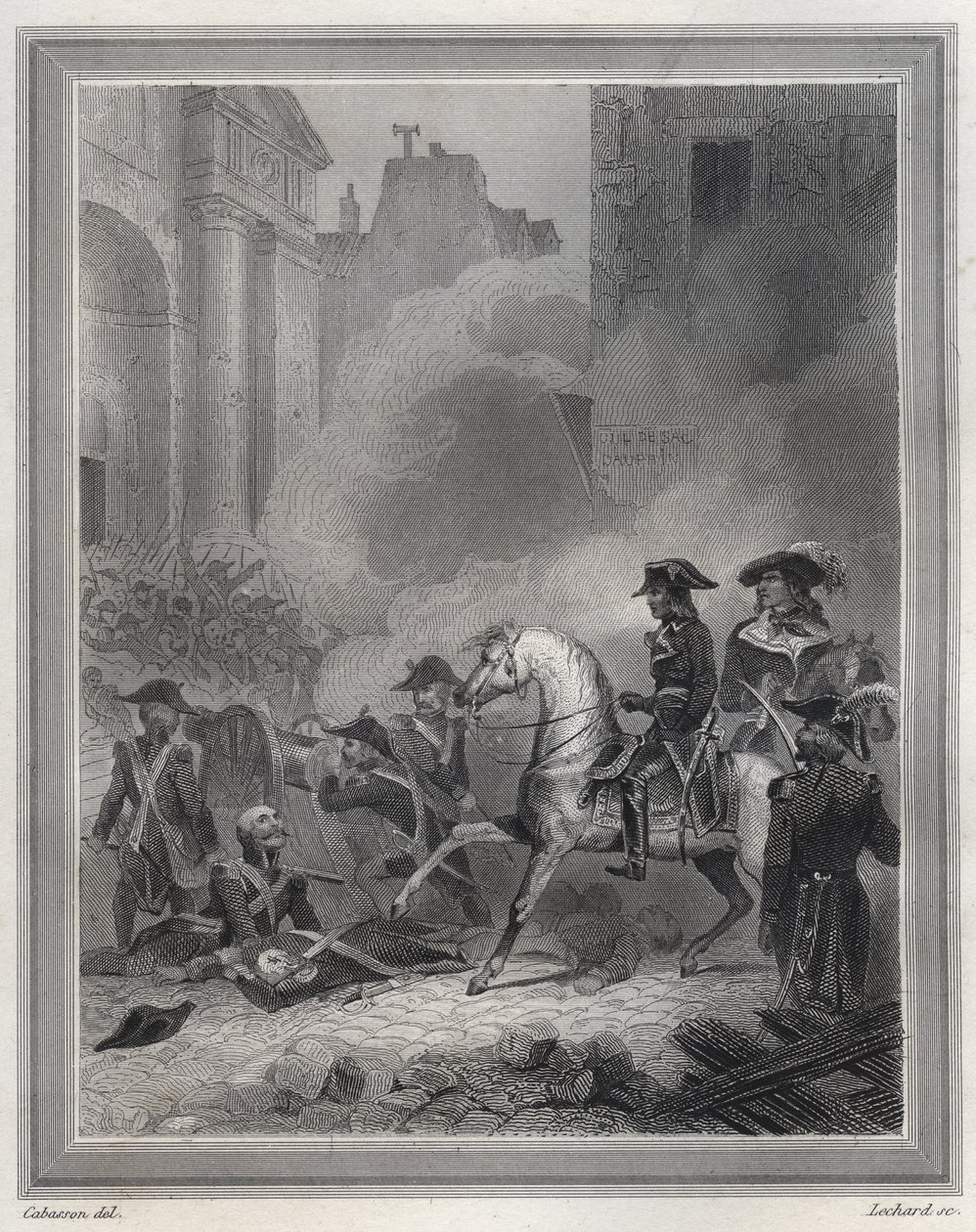 Napoleonin murskaamassa kuninkaallisten kapinaa - Napoleon Bonaparte (ravosen selässä) komentamassa vallankumouksellisia joukkoja katutaisteluissa 13. Vendemiaire (5. lokakuuta) - 13. Vendemiaire 1795 (Rojalistinen kapina 5. lokakuuta 1795): Bonaparte hill tekijältä Unknown artist