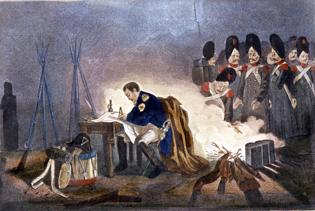 Napoleon I Bautzenin taistelussa (Saksa). 20.-21. toukokuuta 1813. kaiverrus 1800-luvun Milano tekijältä Unknown artist