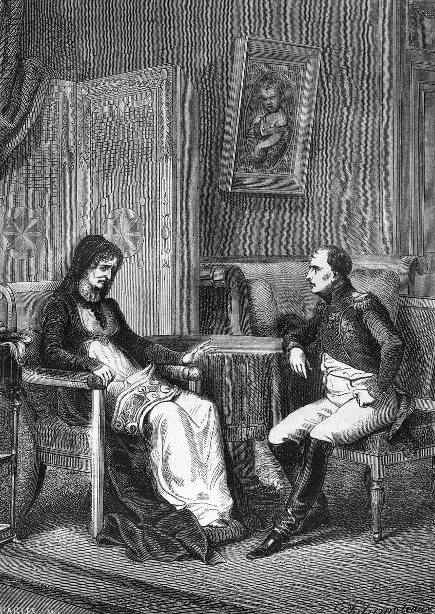 Napoleon I neuvotteli äitinsä Laetitia Bonaparten (Letizia Maria Ramolino) (1750-1836) kanssa ennen kuin lähti Elban saarelta vuonna 1815. tekijältä Unknown artist