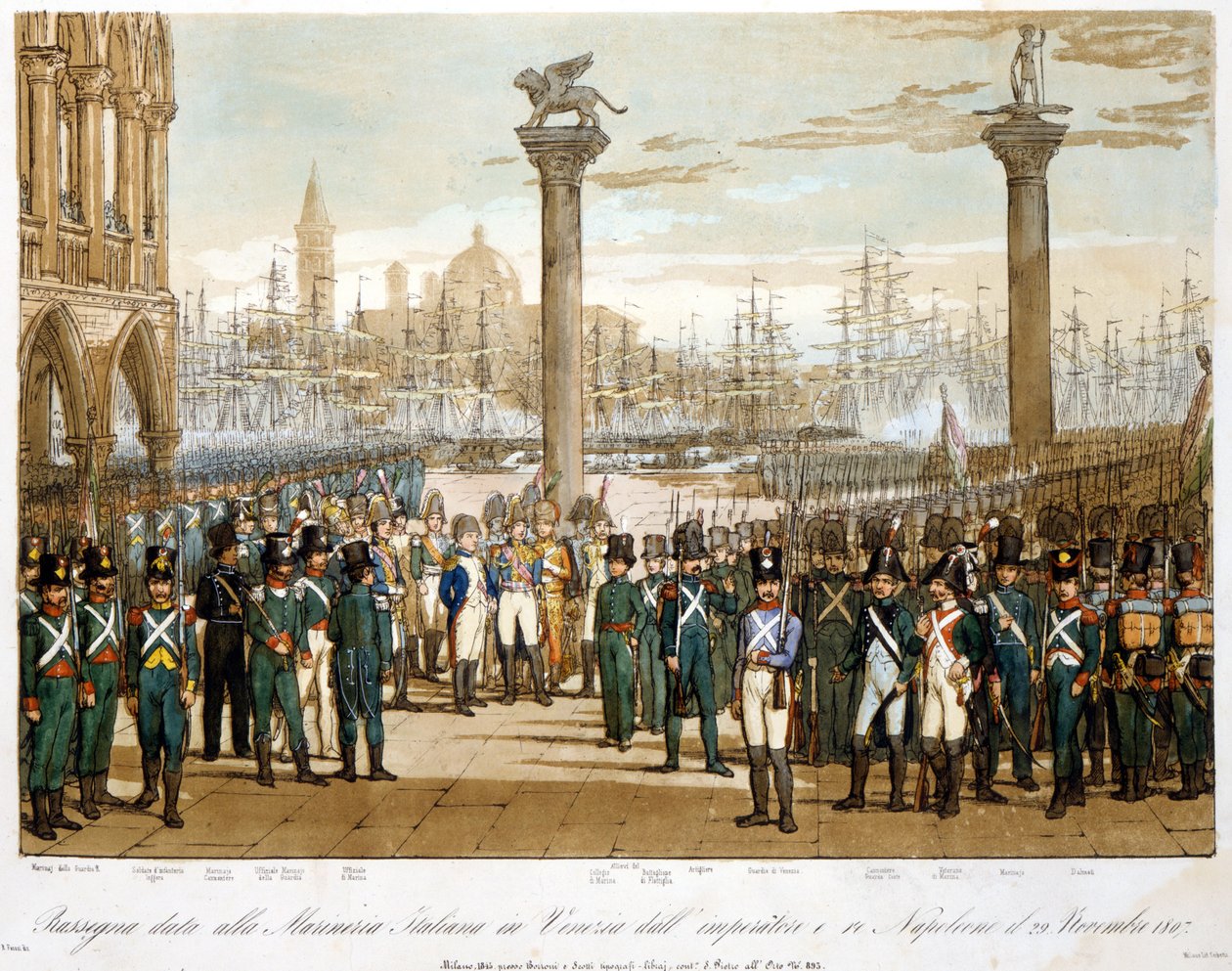 Napoleon I Venetsiassa 29. marraskuuta 1807 Italian laivaston edessä. Kaiverrus vuodelta 1845 tekijältä Unknown artist