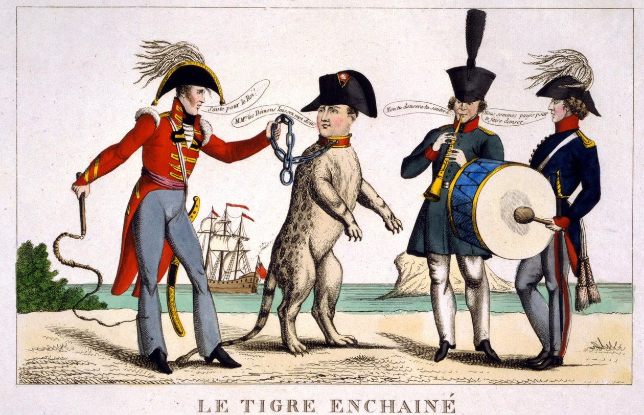 Napoleon I kahlitussa tiikerissä, jota piteli brittiläinen upseeri piiskalla. Venäjä ja Itävalta soittavat musiikkia vieressä. Sarjakuva 1815. tekijältä Unknown artist