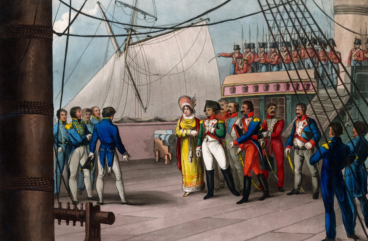 Napoleon luottaa brittiläiseen uskoon - Napoleon Bonaparte brittiläisellä Bellerophon-laivalla, joka johti hänet maanpakoon St. Helene (St. Helene) 15. heinäkuuta 1815 - Napoleon Suuri antautuen brittiläisen kansan anteliaisuuteen; villisian päällä tekijältä Unknown artist