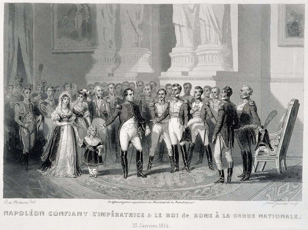 Napoleon uskoo impressin ja hänen poikansa, Rooman kuninkaan, kansalliskaartin käsiin (23. tammikuuta 1814) - "Fasttes de Gardes nationales de France" tekijältä Unknown artist