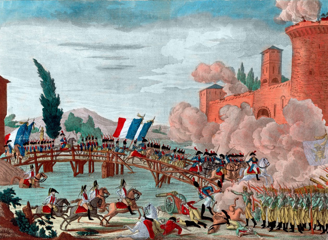 Napoleon johdattaa armeijaansa Lodin sillan yli - Napoleon taistelun aikana ja Lodin sillan läpikulku vuonna 1796 - Tasavaltalais-ranskalainen armee käytti Lodin siltaa Italiassa komentajakenraali Napoleon Bonaparten toimesta - tekijältä Unknown artist