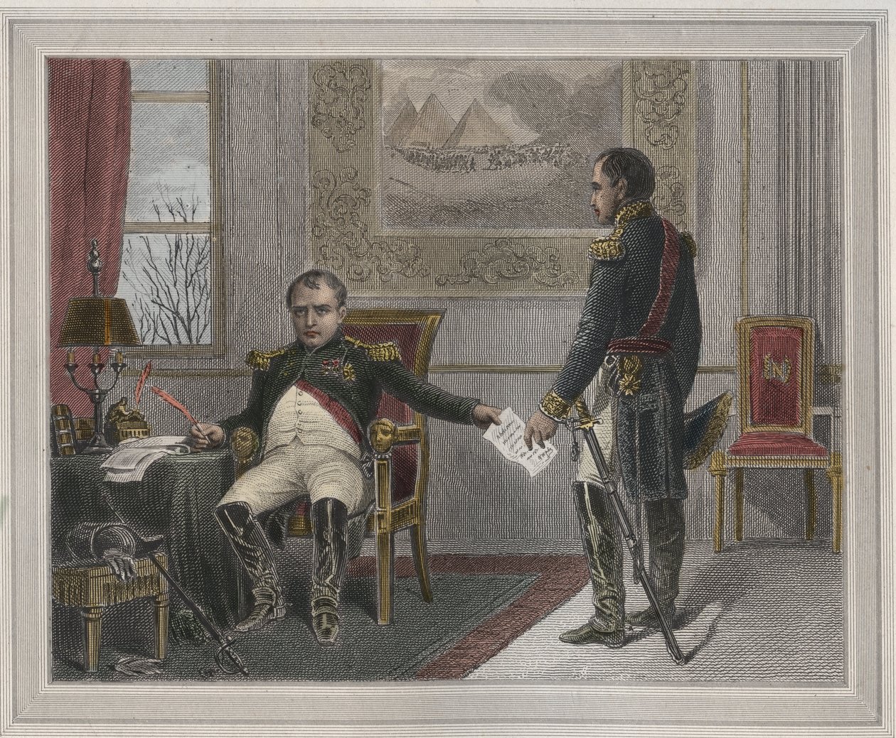 Napoleon allekirjoittaa luopumuksensa 1814 - Napoleon Bonaparte (1769-1821) Fontainebleaussa ensimmäisen luopumisensa aikana, allekirjoitettu huhtikuussa 1814 Kaiverrus "Les Fastes Populaires, ou Histoire des acts heroiques du peuple et de son, les sur sci tekijältä Unknown artist