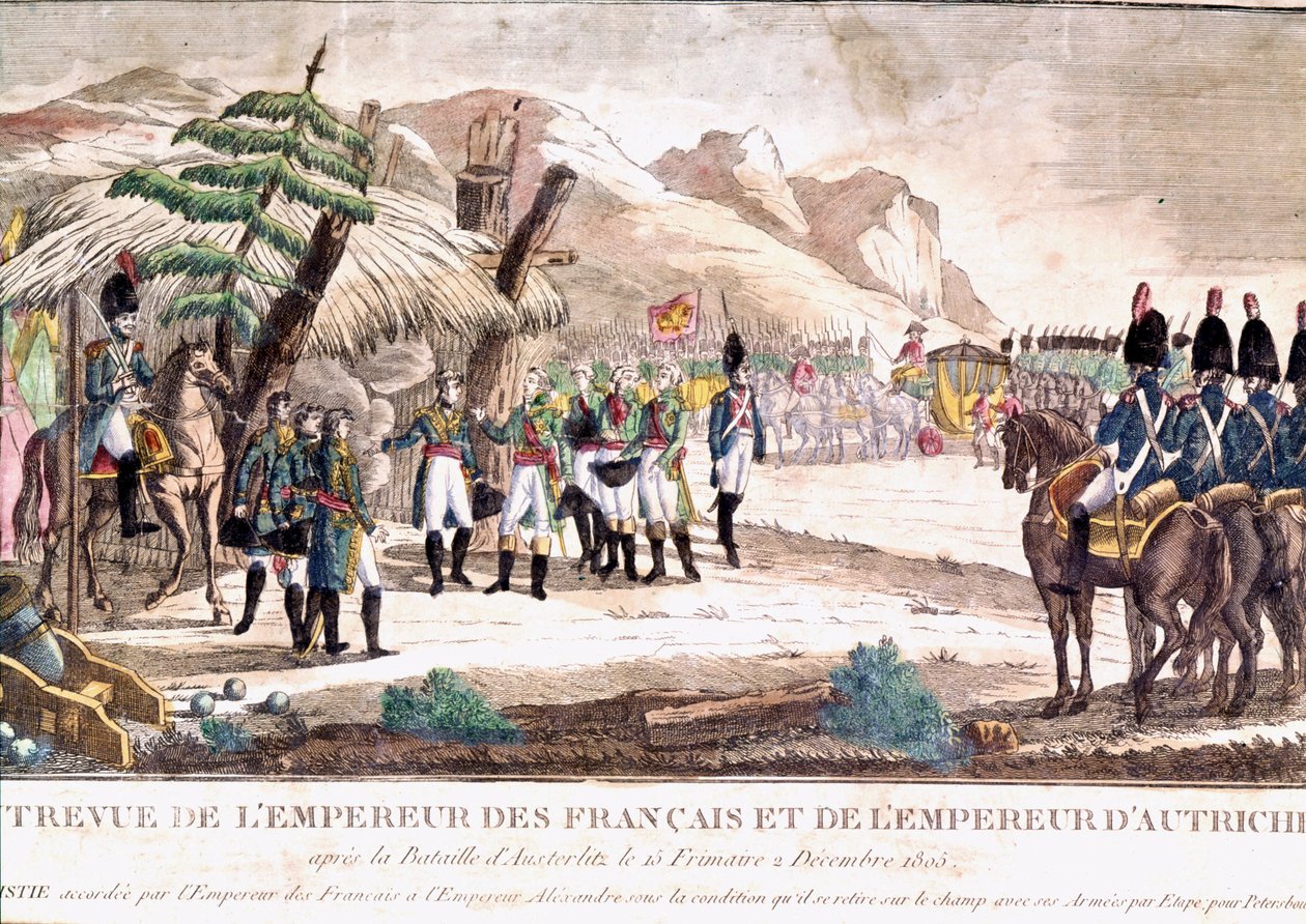 Napoleonin sota: Napoleon I tapaa keisari Francois II:n Austerlitzin taistelun jälkeen 12.2.1805. Kaiverrus 1800-luvulta. tekijältä Unknown artist