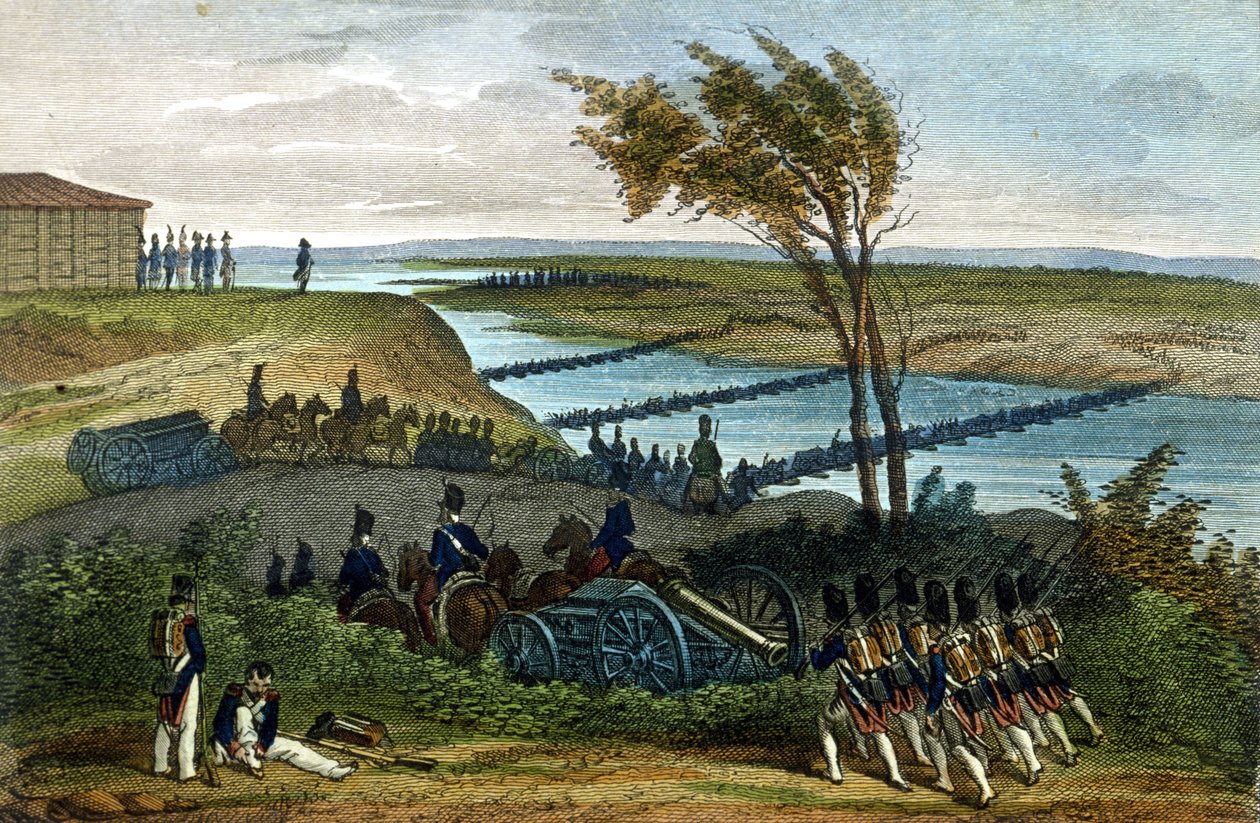 Napoleonin sota: Venäjän kampanja. Niemen-joen (Dnjemen) kulku 24.6.1812, joka erottaa kaksi imperiumia. Kaiverrus 1800-luvulta. tekijältä Unknown artist