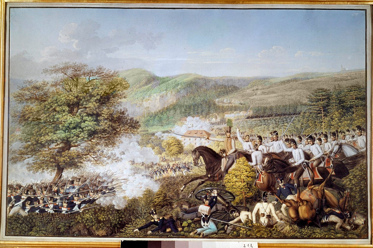 Napoleonin sota: "" Ranskan jalkaväki Preussin ratsuväkeä vastaan"" Nimetön akvarelli. 1813 Berliini, historiallinen museo tekijältä Unknown artist