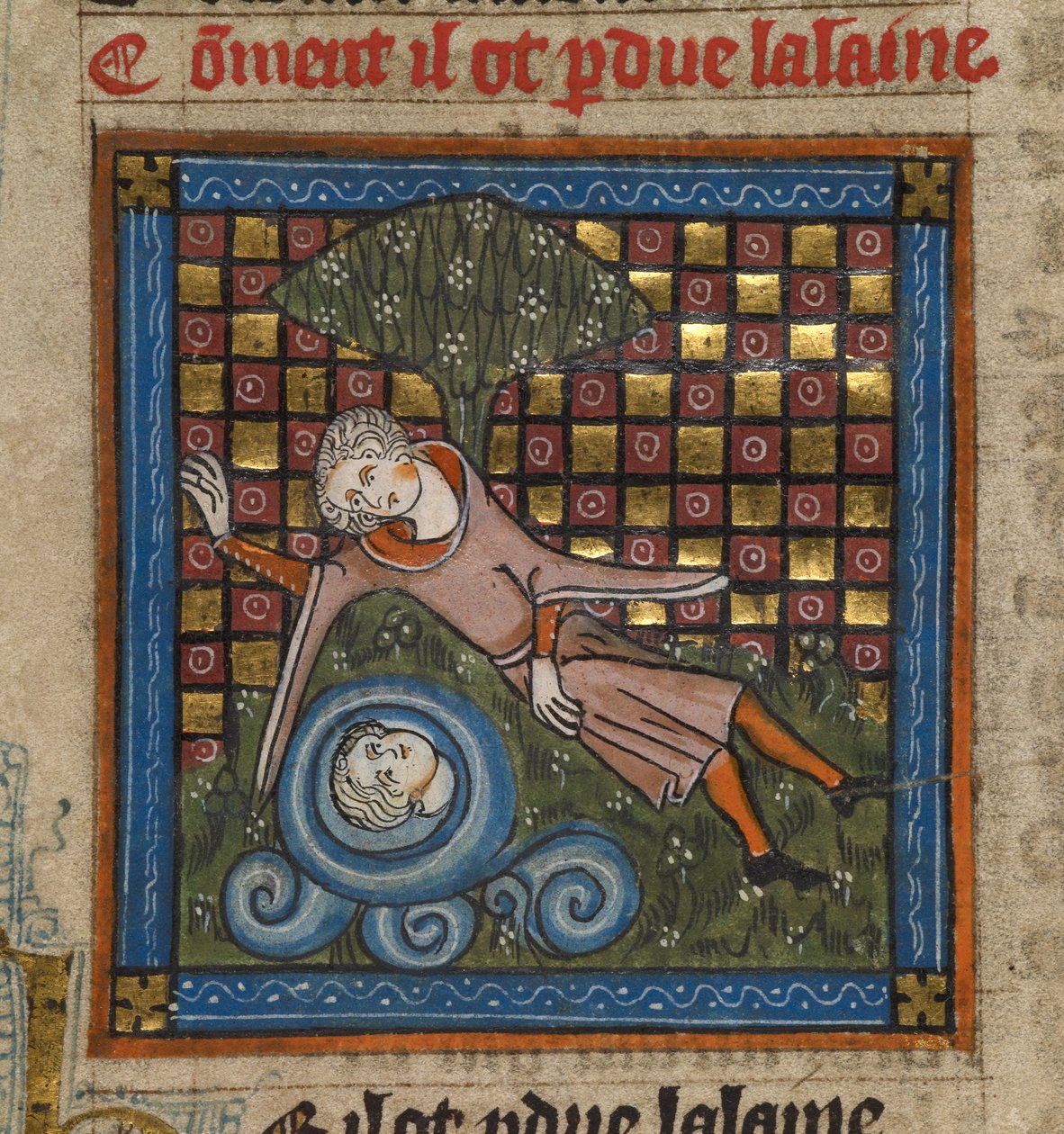 Narkissus ihailee heijastustaan suihkulähteessä, "Le Roman de la Rose", n. 1340 (miniatyyri) tekijältä Unknown artist