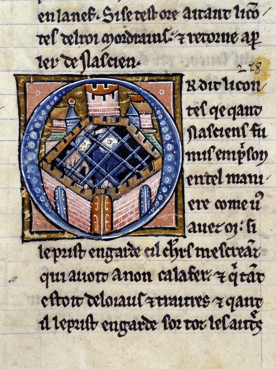Nascion vankilassa. Käsikirjoitus: Saint Gréalin valloitus, kirjoitettu 717 vuotta herramme intohimosta. Bibliotheque Municipale de Rennes, ms. 255 (Pyöreän pöydän romaanien kokoelma); Pariisi tekijältä Unknown artist