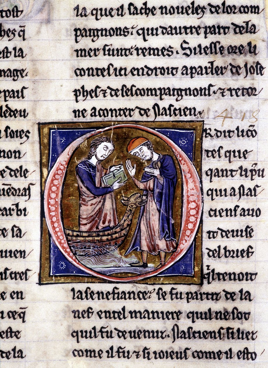 Nascion saa kirjan (?). Käsikirjoitus: Saint Gréalin valloitus, kirjoitettu 717 vuotta herramme intohimosta. Bibliotheque Municipale de Rennes, ms. 255 (Pyöreän pöydän romaanien kokoelma); Pariisi tekijältä Unknown artist