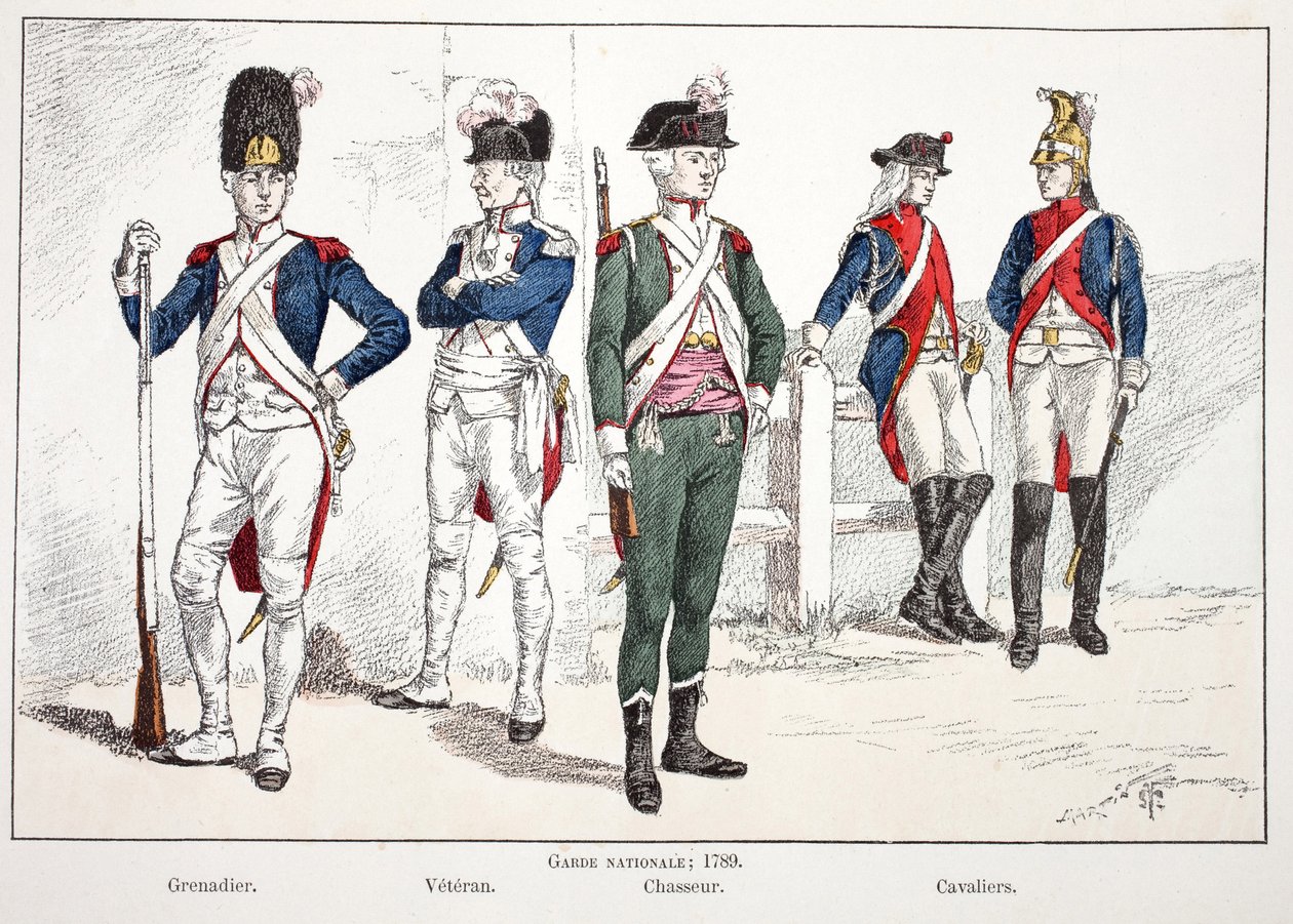 Kansalliskaarti, vuonna 1789, vasemmalta oikealle: kranaatieri, veteraani, metsästäjä ja ratsumiehet. Etsaus väreillä, havainnollistava "" History of the Corps of Peacekeepers"" -kirja, joka on julkaistu Louis Lepinen (1846-1933) alaisuudessa. tekijältä Unknown artist