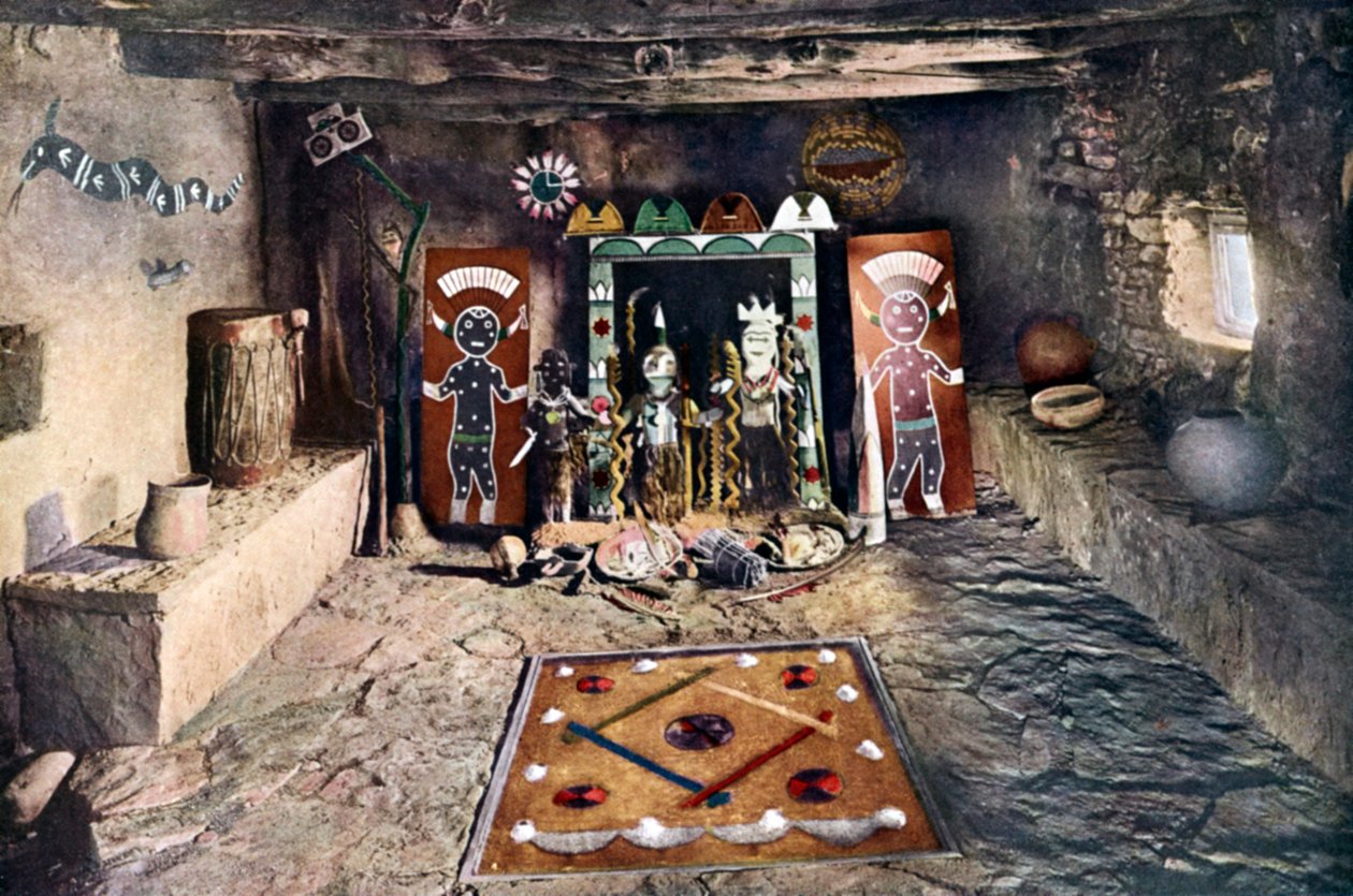 Powamu-yhdistyksen alttarihuone Hopi-talossa, Grand Canyon, Arizona, Amerikan alkuperäiskansat tekijältä Unknown artist