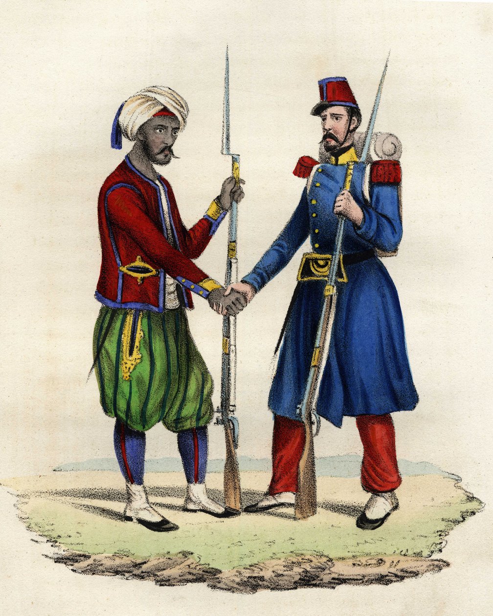 Afrikan ranskalaisen armeijan alkuperäiset ja ranskalaiset metsästäjät Algeriassa vuonna 1830. Teoksessa ”” Storia d
