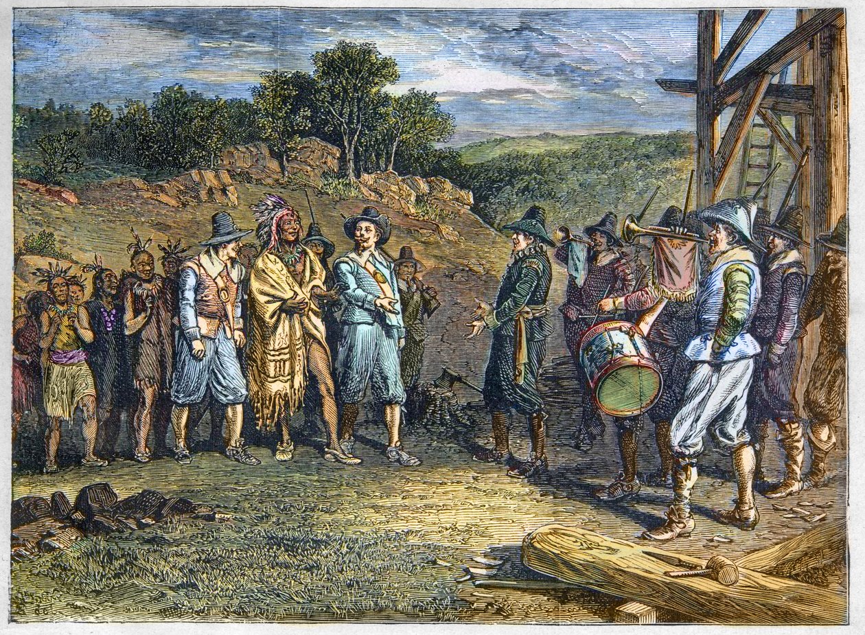 Amerikan alkuperäisväestö: intiaanit. Uudisasukkaat tapasivat Massasoitin (1590-1661), joka tunnetaan myös nimellä Ousamequin "keltainen sulka" ja Wampanoag-heimon päällikkö, Plymouth Colony, vuodet 1620. Wampanoag-johtaja Massasoit vierailee siirtolaisten tekijältä Unknown artist
