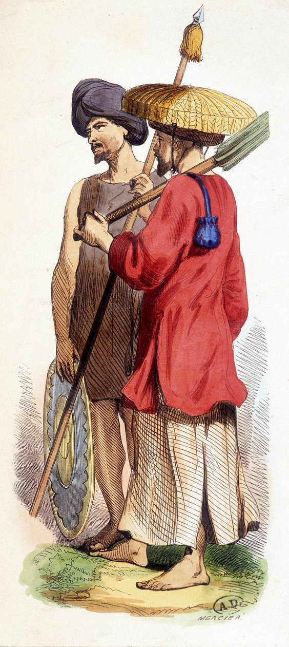 Luonnollinen (vietnamilainen alkuperäiskansa) ja kochinilainen sotilas. Vietnam v. 1840. tekijältä Unknown artist