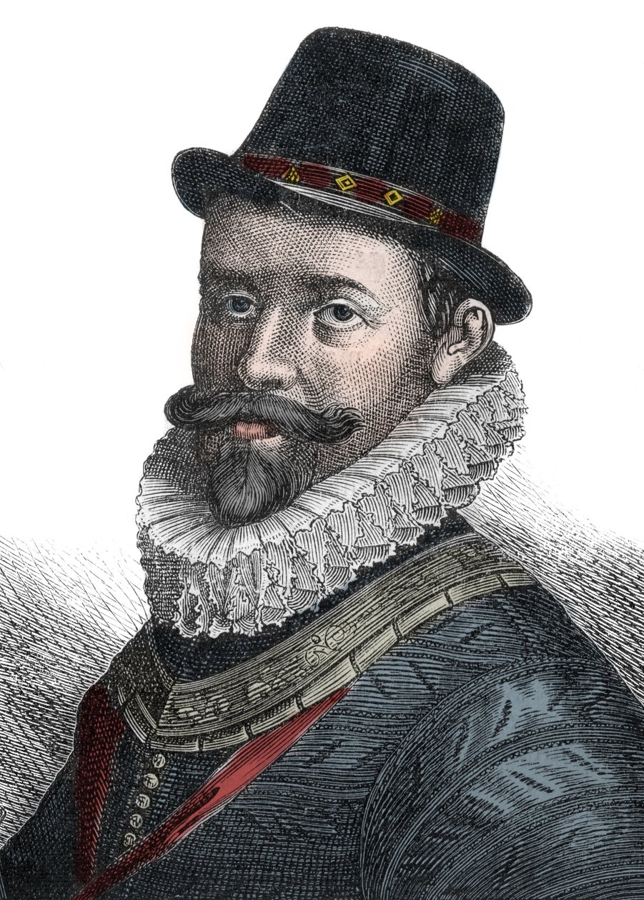 Merivoimien hallinto ja komentaja Sir John Hawkins (1532-1595) - Muotokuva Sir John Hawkinsista (Hawkyns) (1532-1595), englantilainen amiraali, laivanrakentaja, navigaattori ja orjakauppias. Kaiverrus 1800-luvulta. tekijältä Unknown artist