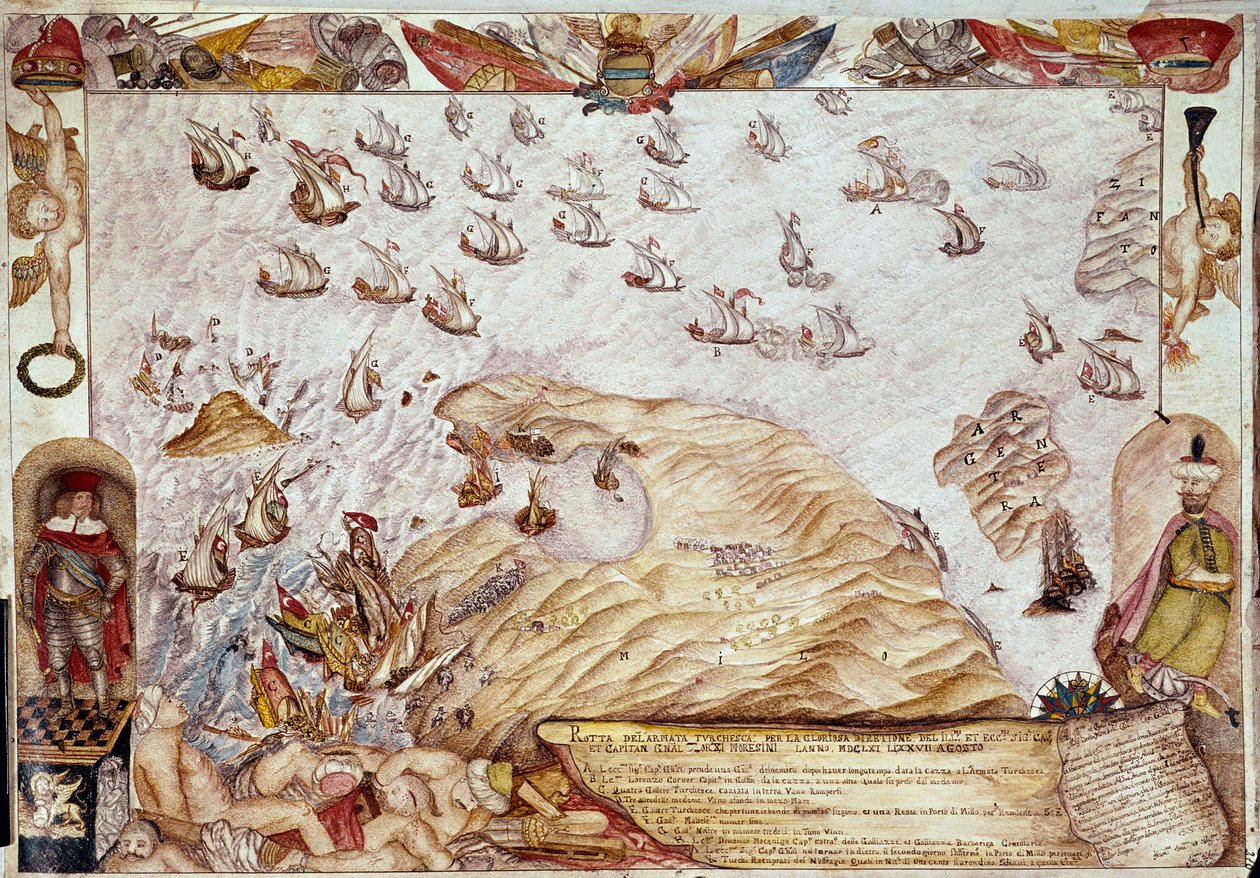 Meritaistelu Turkin ja Venetsian laivastojen välillä 1661 - Miniatyyri - Venetsia, Biblioteca Marciana tekijältä Unknown artist