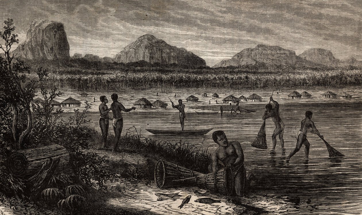 Rovuman (Mosambik) kaihien lähellä kalojen kalastustoiminta. Kaiverrus havainnollistamaan tohtori Livingstonen ensimmäisiä matkoja Etelä-Afrikkaan vuosina 1840-1856 "Le tour du monde, nouveau journal des voyages" -julkaisussa, joka julkaistiin ohjeiden all tekijältä Unknown artist
