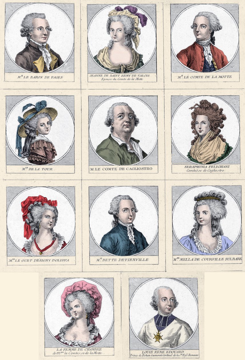 Kaulakorutapaus – Collier de la Reinen tapaukseen osallistuneet päähenkilöt 1785-1786 (värillinen kaiverrus) tekijältä Unknown artist