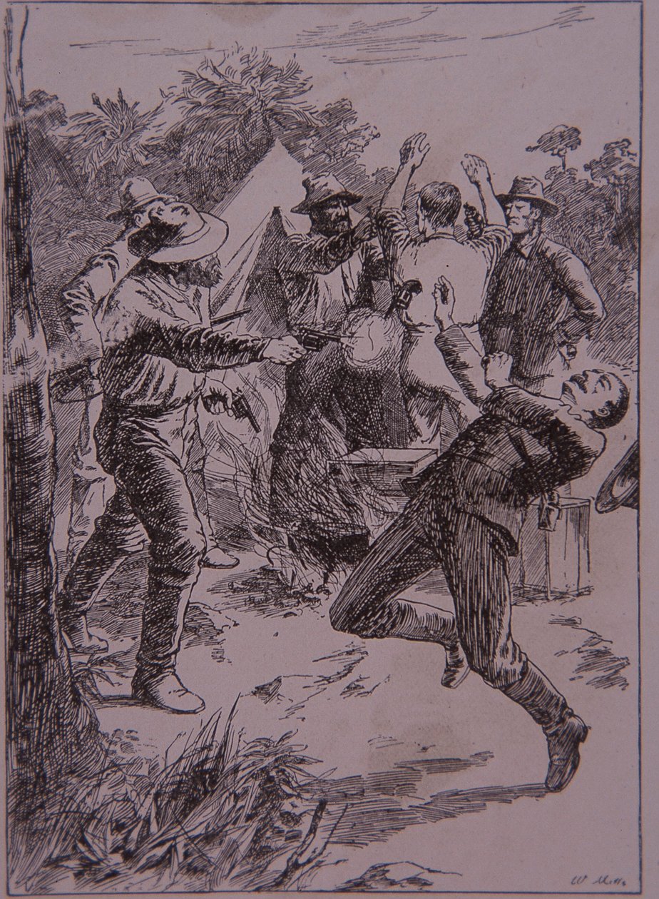 Ned Kelly tappaa poliisikonstaapeli Loniganin Stringybark Creekissä vuonna 1878 (kaiverrus) tekijältä Unknown artist