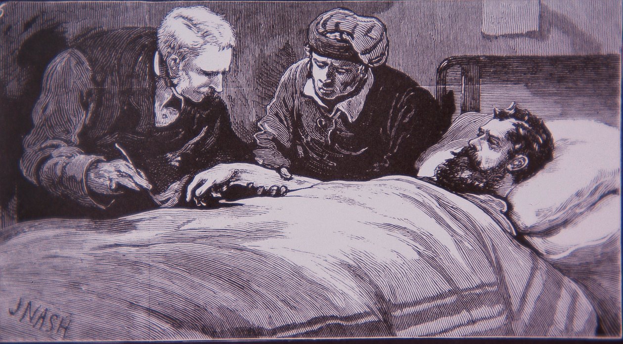 Ned Kelly makaa haavoittuneena Melbournen vankilassa, kun poliisi otti hänet kiinni 28. kesäkuuta 1880 (kaiverrus) tekijältä Unknown artist