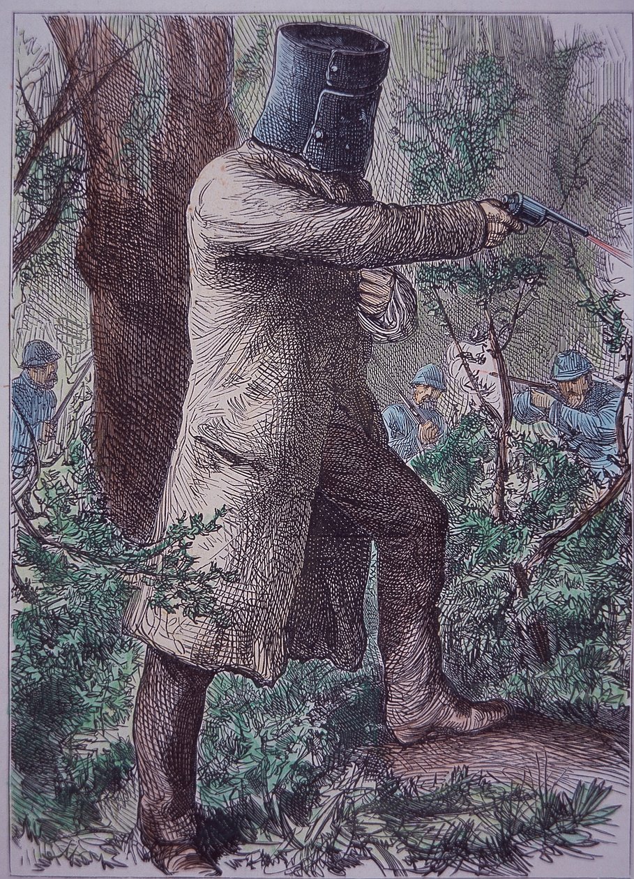 Ned Kelly, pukeutunut tyypilliseen haarniskaan, viimeisessä yhteenotossa poliisin kanssa, 28. kesäkuuta 1880 (värillinen kaiverrus) tekijältä Unknown artist