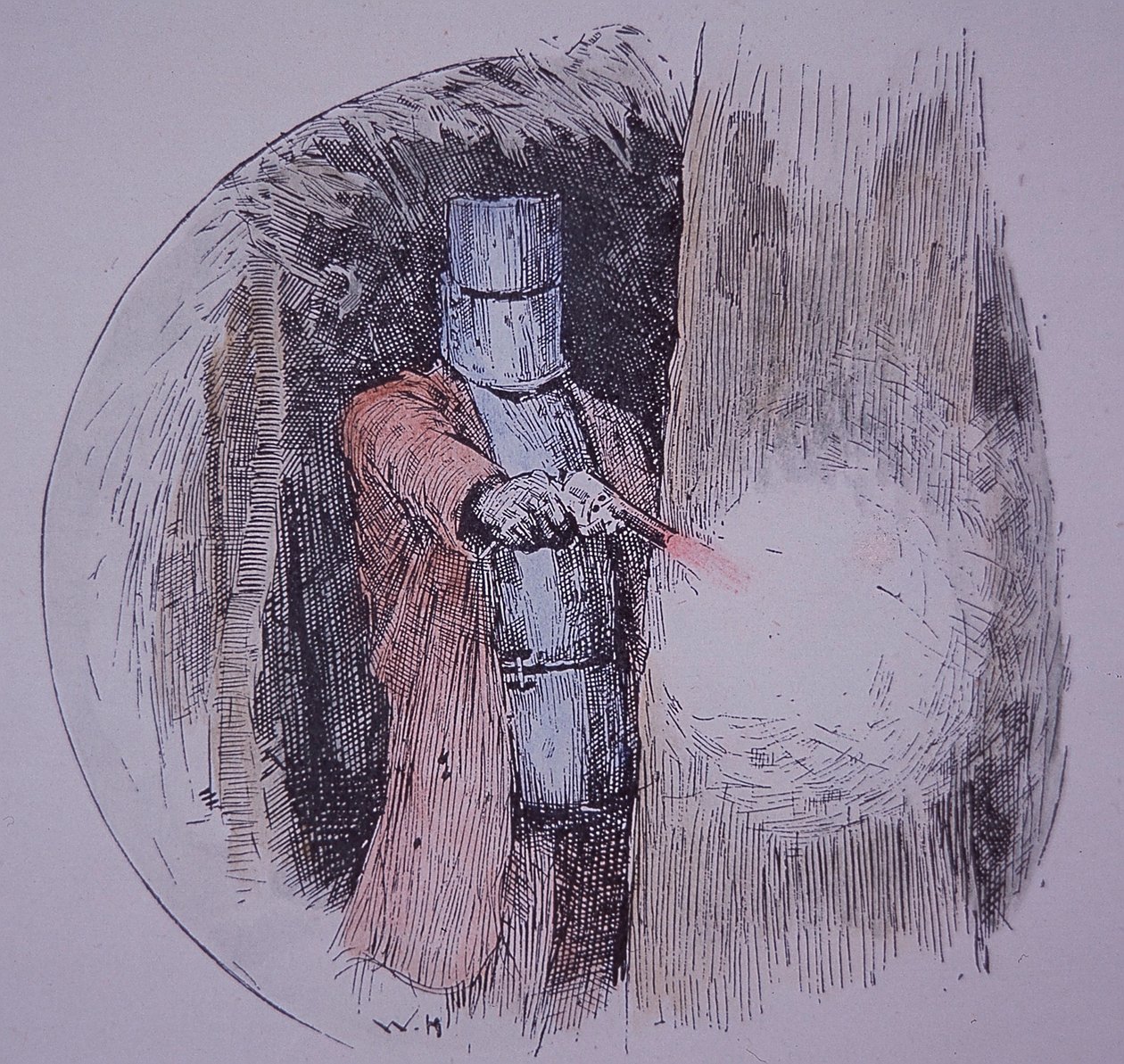 Ned Kelly pukeutuu kotitekoiseen panssariinsa, vastakkainasettelussa poliisin kanssa (käsinvärinen kaiverrus) tekijältä Unknown artist