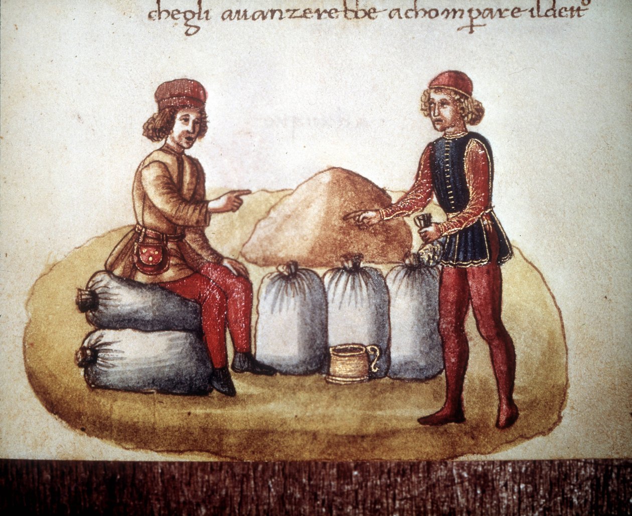 Neuvottelut viljan hinnoista. 1500-luvun käsikirjoitus. Biblioteca Nazionale de Firenze tekijältä Unknown artist