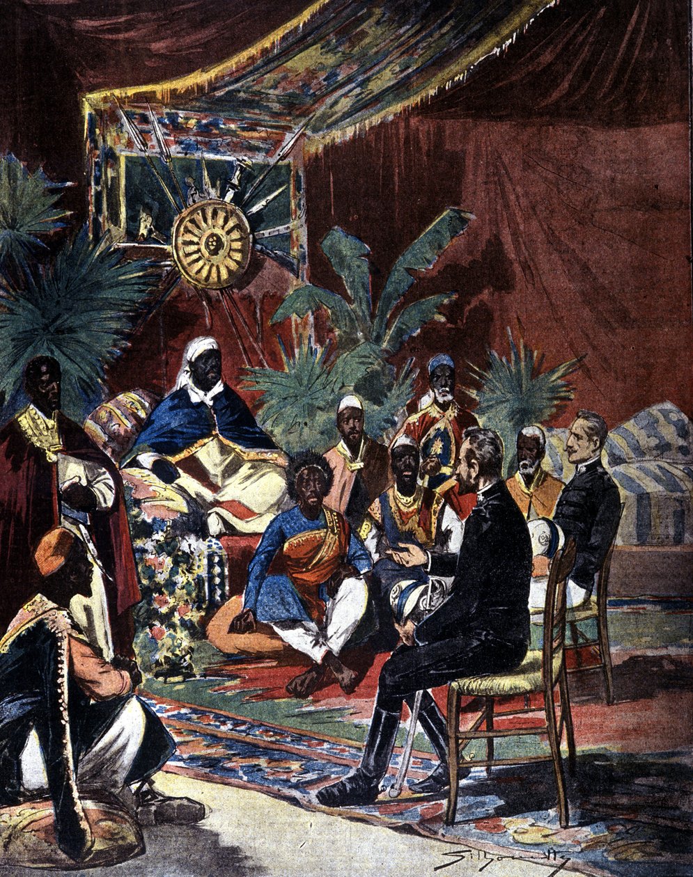 Rauhanneuvottelut Etiopian kanssa Italian tappion Adouassa vuonna 1896 jälkeen. Majuri Salsa ja kapteeni Angherà tapasivat kuningas Menelik II:n (1844 - 1913) ja hänen päällikkönsä. Kuvitus 1800-luvun lopun lehdistöstä, kirjoittanut Silhouette. tekijältä Unknown artist