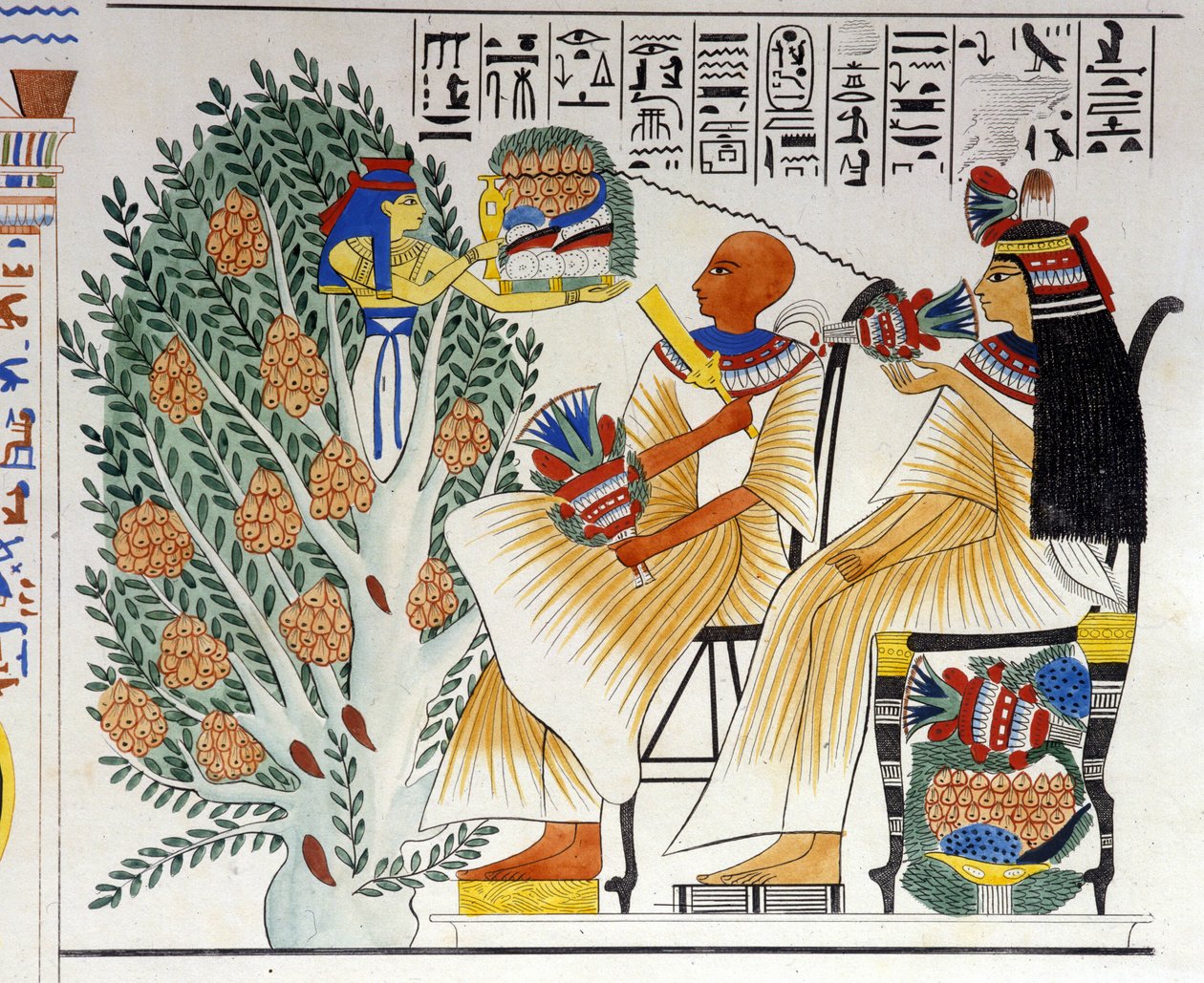 Nephtys, egyptiläinen jumalatar, ponnahtaa esiin mystisestä puusta ja tarjoaa ruokaa vainajalle - Ippolito Rosellinin (Rossellini) "Egyptin ja Ylä-Nubian muistomerkit". 1800-luvulla. tekijältä Unknown artist
