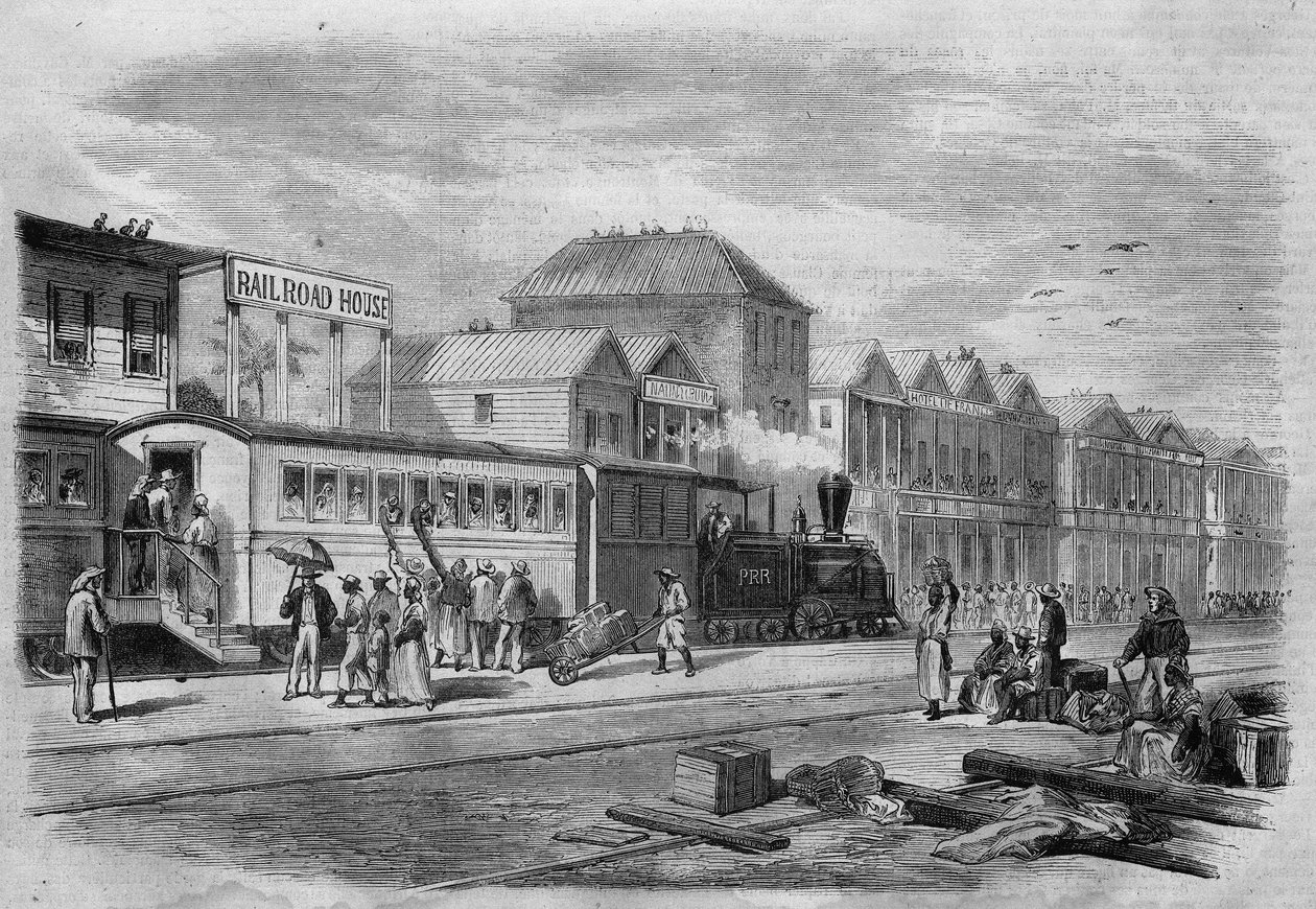 Uusi Granada (nykyinen Kolumbia): Aspinwall Railway, lähtöpiste transistmiseltä Panaman kannakselle. teoksessa "The Illustrated Universe", 7.4.1866. tekijältä Unknown artist