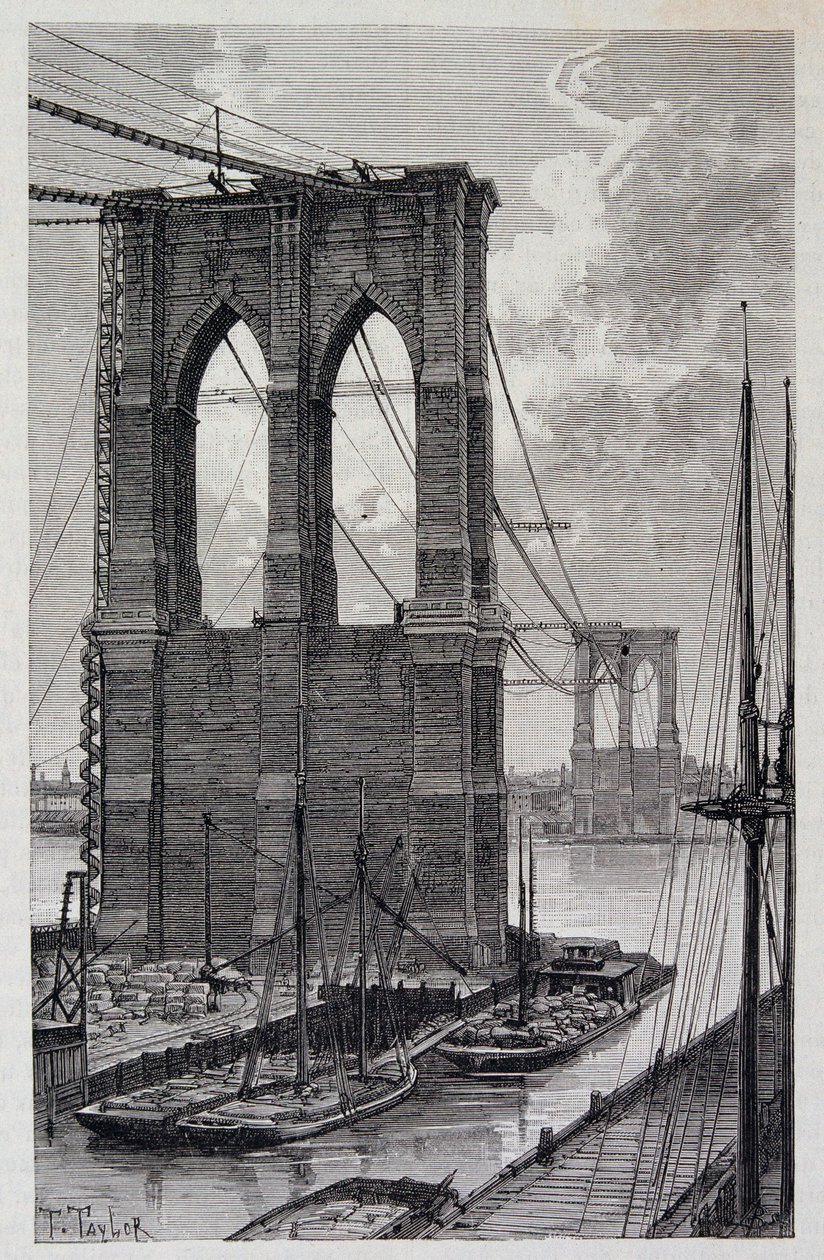 New York: Brooklyn Bridge -paalut rakenteilla - elokuvassa "The World Tour", 2. lukukausi 1881 tekijältä Unknown artist
