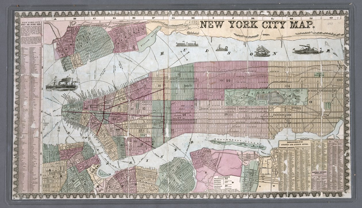 New Yorkin kaupungin kartta, ote Phelpsin New Yorkin muukalaisten ja kansalaisten oppaasta. tekijältä Unknown Artist