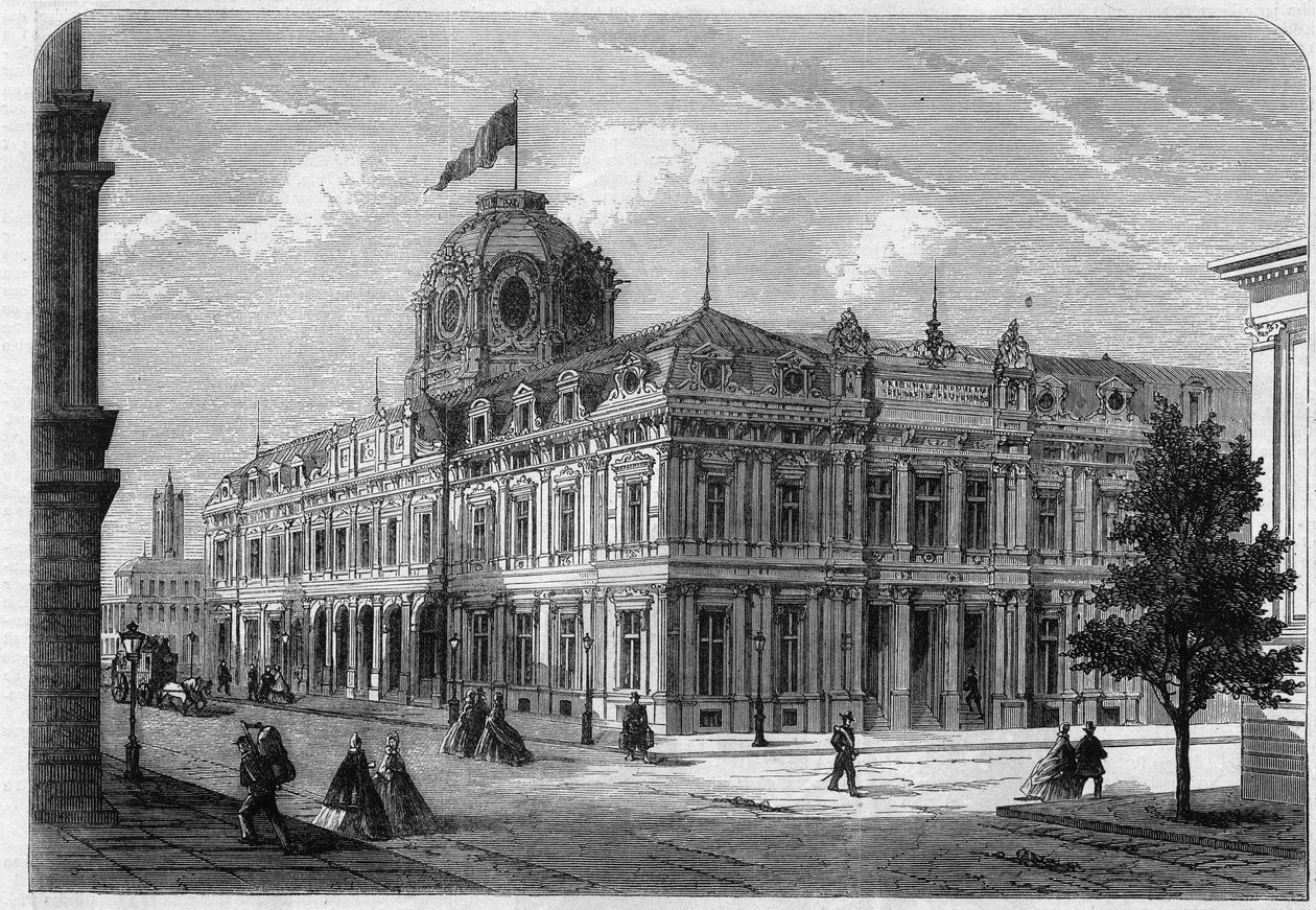 Pariisin Quai de Corsen (entinen Quai Desaix) uusi kauppatuomioistuin Ile de la Citella, rakennettu arkkitehti Antoine Nicolas Louis Baillyn (1810-1892) suunnitelmien mukaan prefet Georges Eugene Haussmannin (paroni Haussmann) suostumuksella. tekijältä Unknown artist