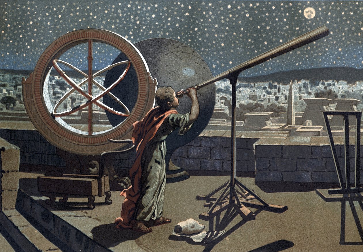 Nizzan hipparkus. (Hipparkhos) Aleksandrian observatoriossa Kreikkalainen tähtitieteilijä (Bythyniassa, 2. vuosisadalla eKr.) Louis Figuierin "Tiede ja sen miehet" mukaan. Barcelona 1881 tekijältä Unknown artist