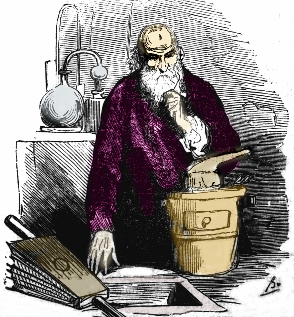 Nicolas Flamel (1330 - 1418) laboratoriossaan. tekijältä Unknown artist