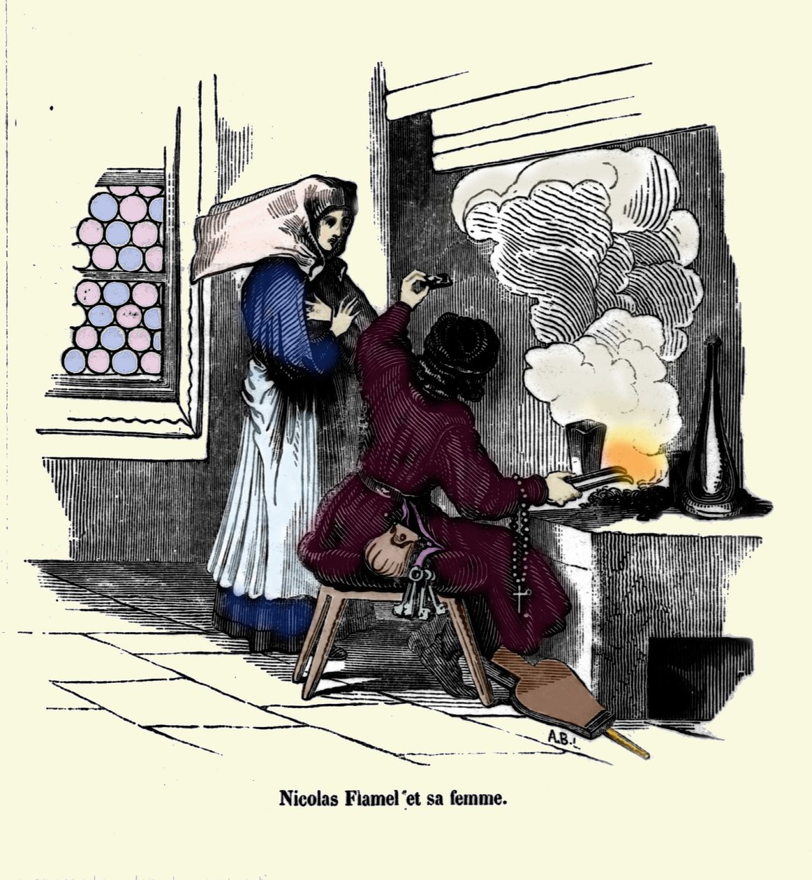 Nicolas Flamel (1330 - 1418) vaimonsa kanssa. tekijältä Unknown artist