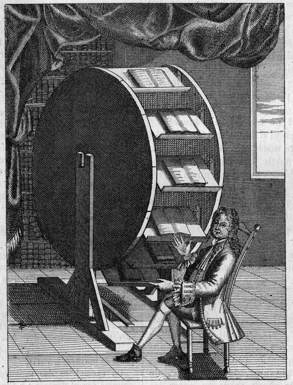 Ranskalaisella keksijällä Nicolas Grollier de Servièrellä (1596-1689) on työpöytänsä. (Faksi vanhasta kaiverruksesta). Kaiverrus "" Luontoon: katsaus tieteisiin ja niiden sovelluksiin taiteeseen ja teollisuuteen" 16. lokakuuta 1880. tekijältä Unknown artist