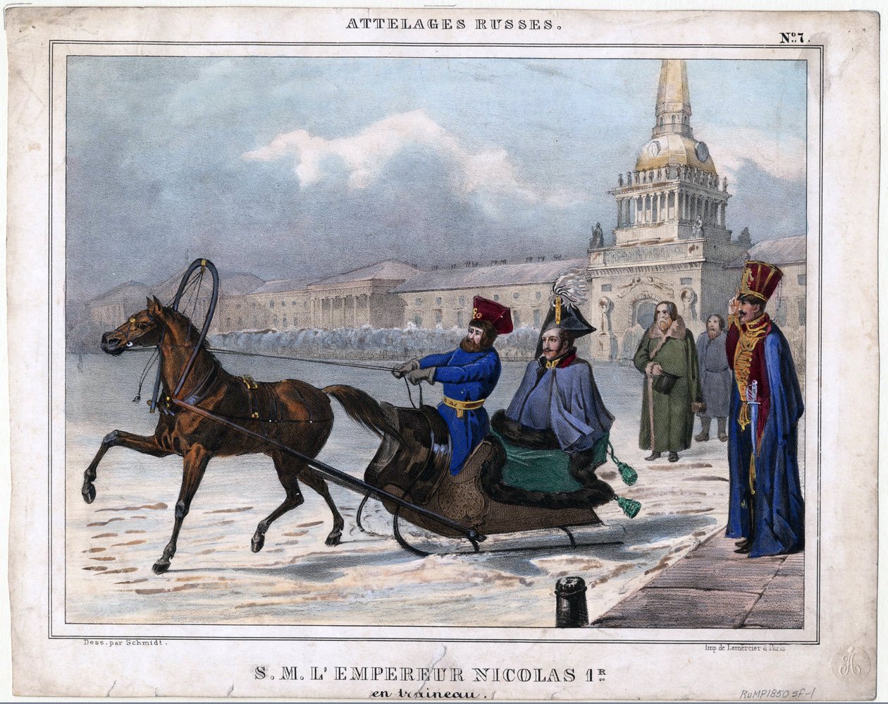Nicolas I en traineau - Nikolai I venäläinen reessä - Anonyymi - 1850 - Litografia, akvarelli - 21,3x26,8 - Yksityiskokoelma tekijältä Unknown artist