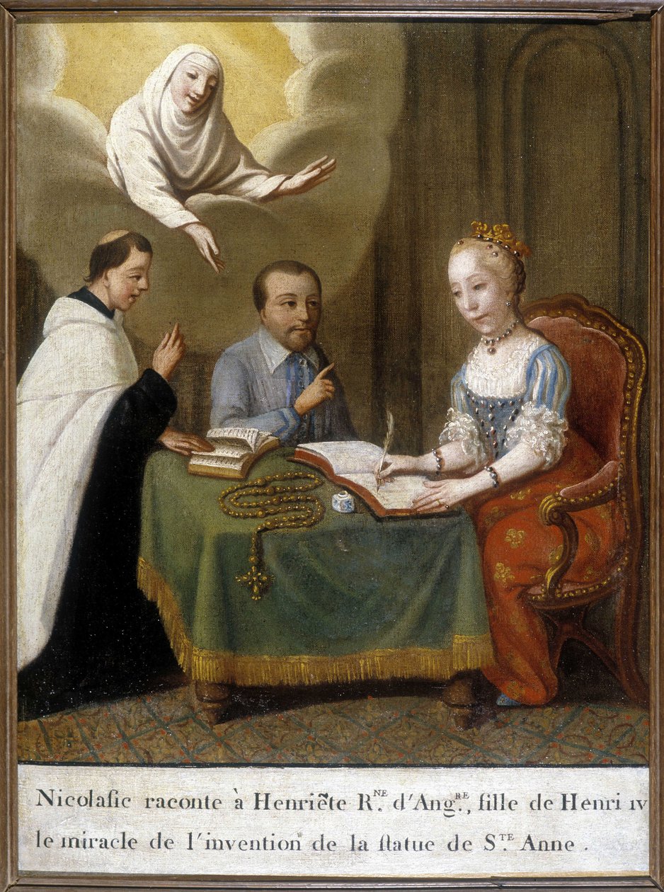 Nicolas kertoo Englannin kuningatar Henriettelle ja Henrik IV:n tyttärelle Pyhän Annan patsaan keksimisen ihmeen tekijältä Unknown artist
