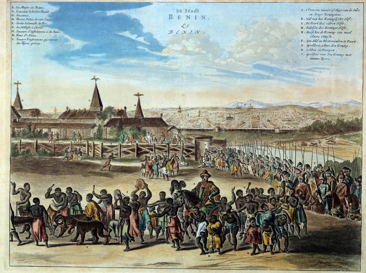 Nigerian pääkaupunki Beninin kuningaskunnan juhlallinen poistuminen kuningas Houegbadjasta (1645-1689), Obameyssä vuonna 1680. Kaiverrus vuodelta 1686. Pariisi, afrikkalainen ja oseanilainen taide. tekijältä Unknown artist