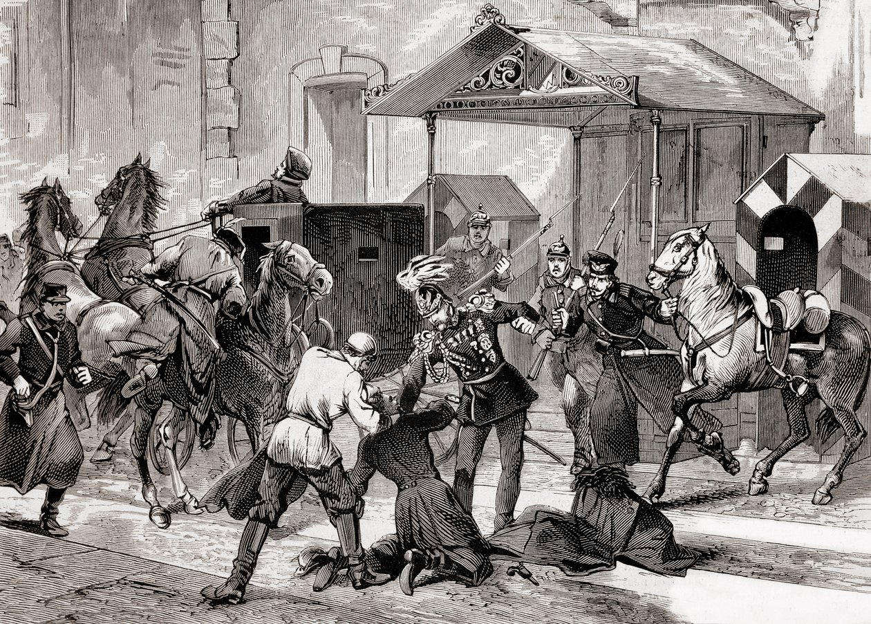 Nihilismi Venäjällä - Salamurhayritys Aide de Campia, kenraali Loris Melikoffia (Loris-Melikoff) vastaan, hänen hotellinsa oven ulkopuolella Suuressa Moskaiassa vuonna 1880 - Venäjän nihilistiliike 1800-luvulla: salamurhayritys kreivi L:tä vastaan tekijältä Unknown artist