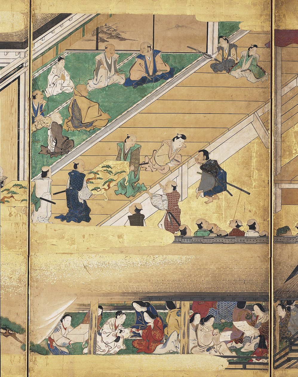 Noh Play: Funa Benkei (muste, värit ja kulta paperille, kuuden paneelin näyttö) tekijältä Unknown artist