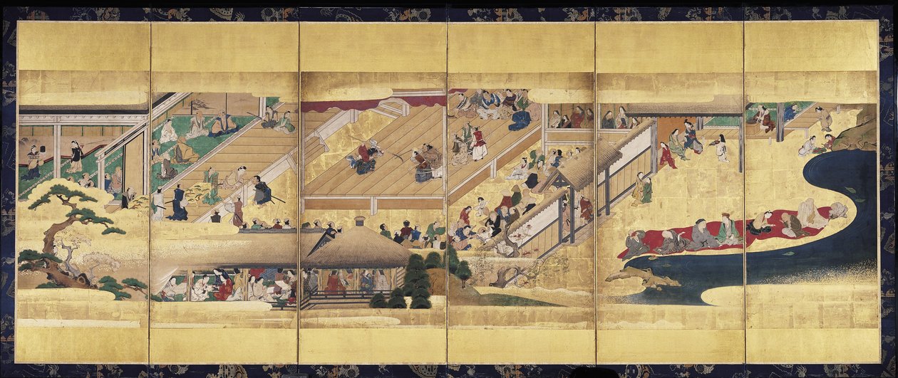 Noh Play: Funa Benkei (muste, värit ja kulta paperille, kuuden paneelin näyttö) tekijältä Unknown artist