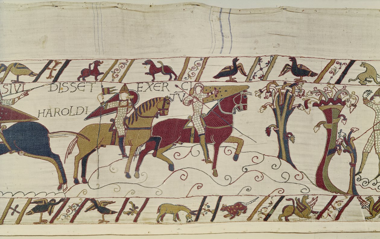 Norman partiolaiset lähetetään eteenpäin katsomaan Haroldin liikkeitä, Bayeux Tapestry (villakirjonta pellavalle) tekijältä Unknown artist