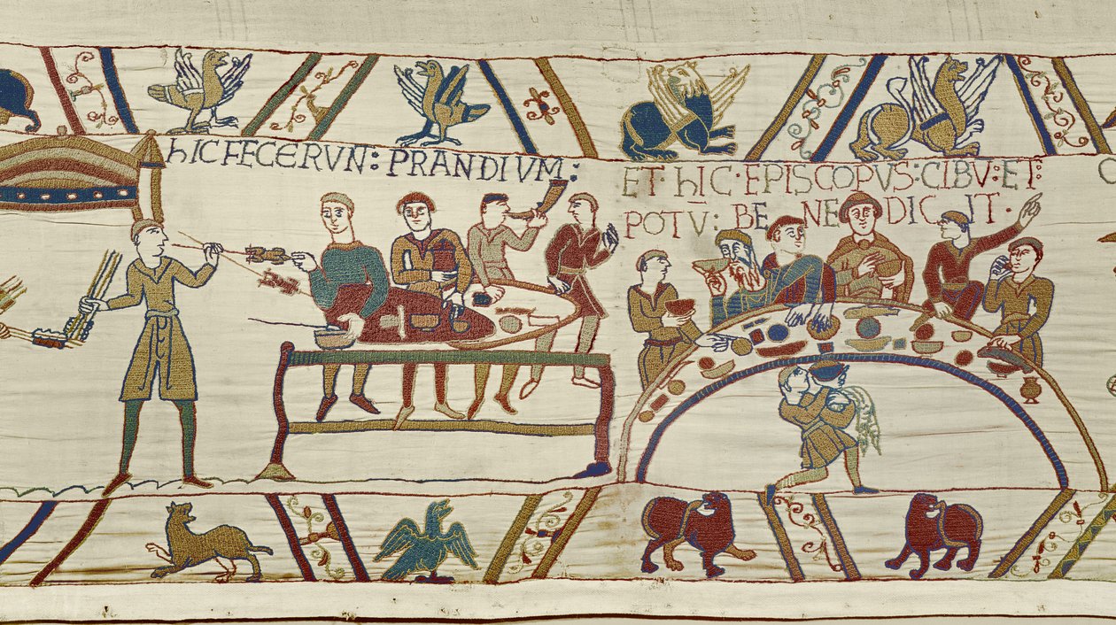 Normanin palvelijat valmistavat juhlat Williamille ja piispa Odo siunaa aterian, Bayeux Tapestry (villakirjonta pellavalle) tekijältä Unknown artist