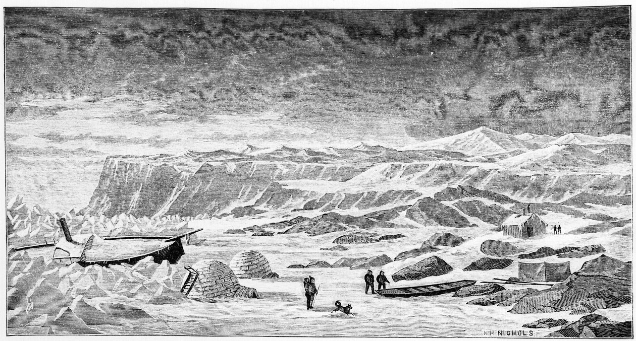 Pohjoisnava: Iglut ja jäänmurtajavene (Ice Breeze), piirros, kevät 1873. tekijältä Unknown artist