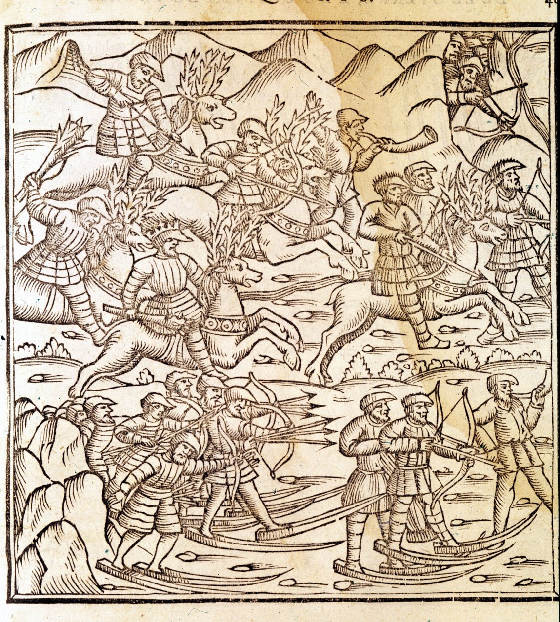 Norjalaiset metsästäjät suksilla ja poroilla. Kaiverrus Olaus Magnus (1490 - 1557), ruotsalainen uskonnollinen ja maantieteilijä, "Historia de Gentis Septentrionalibus", Venetsia tekijältä Unknown artist