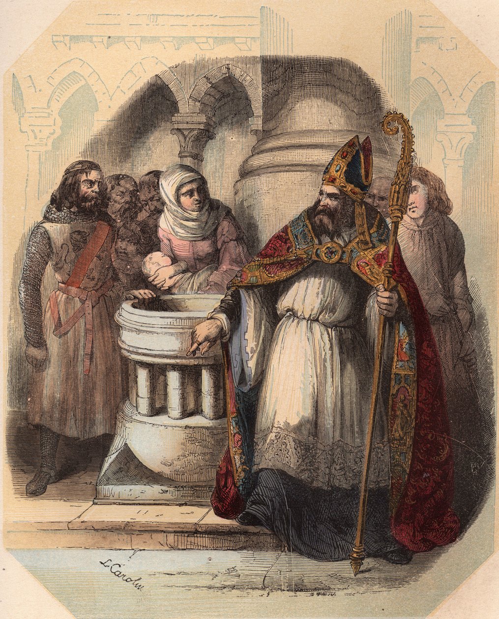Notger (930-1008) (Liegen notker), Liegen eveque Saksan kuninkaan Otton III:n (980-1002) kasteen aikana. Kaiverrus vuodelta 1868 Theodore Justen (1818-1888) teokseen "Histoire de Belgique primitiivistä Leopold I:n hallituskauden loppuun". Priva tekijältä Unknown artist